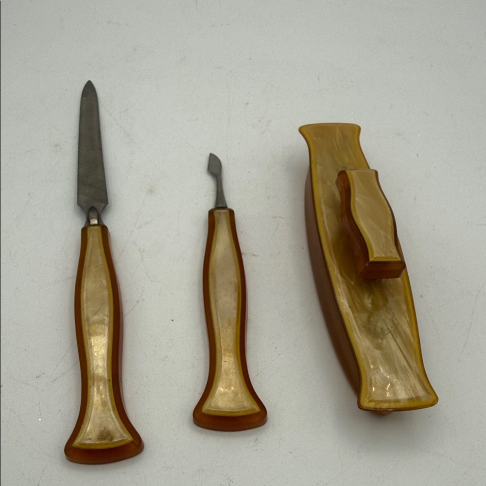 VTG Art Deco Three-Piece Manicure Set Marbled Amber Bakelite celluloid vanity